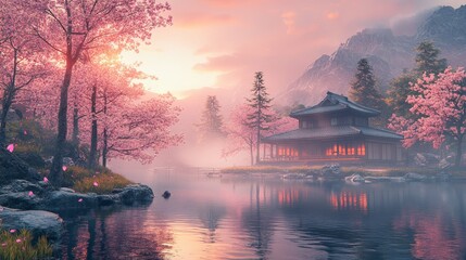 Fototapeta premium A Japanese house is reflected peacefully in the waters of a pond surrounded by vibrant pink cherry blossoms that evoke a sense of tranquility