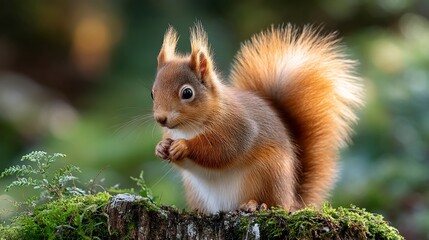 Alert red squirrel enjoys a mossy perch