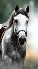 Obraz premium Majestic gray horse stands gracefully in a natural setting with blurred background