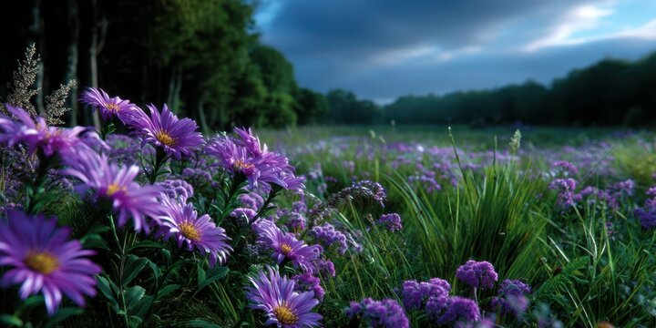 Vibrant purple flowers bloom in a lush green meadow under a cloudy sky during late afternoon