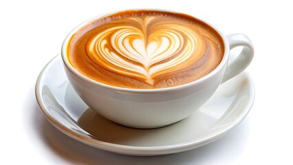 Closeup of Caramel Latte with Heart Shaped Foam Art isolated on white background