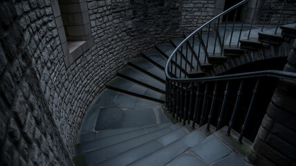 Obraz premium A dark, atmospheric photograph of a curved stone staircase in a medieval castle