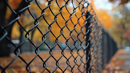 Fototapeta premium Close-up of a chain-link fence, autumn leaves blurred in the background. Fall colors visible through the mesh