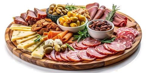 Closeup of Charcuterie Board with Meats Olives and Nuts isolated on white background