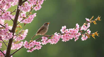 Bird singing on cherry blossom branch in springtime garden  