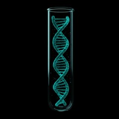 Teal DNA Strand in Glass Test Tube on Black Background