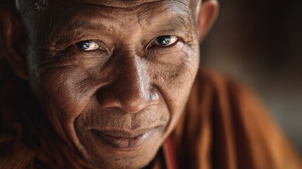 Close up Portrait of a Calm and Serene Older Asian Man's Face A thoughtful expression showing wisdom and age