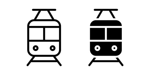 Tram icon. Urban electric rail vehicle sign. Public transport for city commuting and travel symbol. Simple electric train pictogram. Modern trolley illustration.