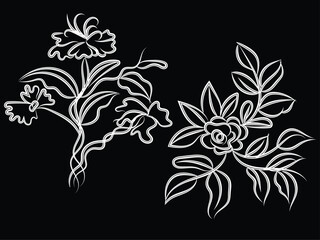 Fototapeta premium Elegant White Line Art Floral Designs on Black Background for Textile