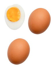 Top view set of raw brown chicken eggs and cooked or boiled chicken egg with egg yolk in half isolated with clipping path in png file format