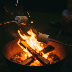 Roasting Marshmallows Over a Campfire at Night