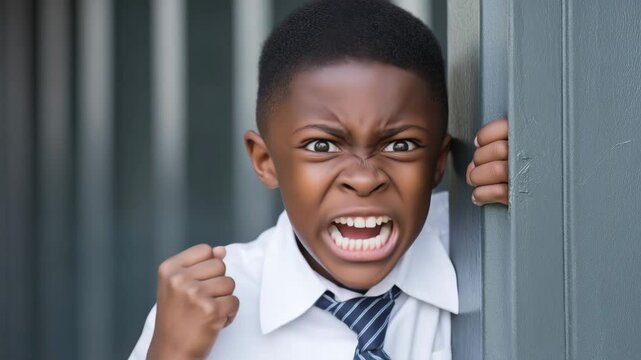 Agressicve African American teenage school boy outdoors, shouting at the camera with clenched fists and emotional expression. AI generative 4K video