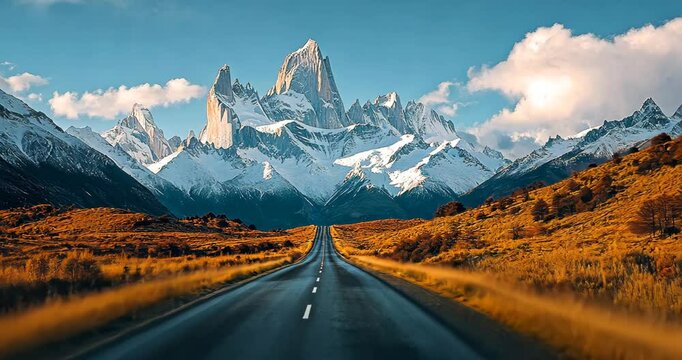 A paved road leads towards snow-capped Mount Fitz Roy in Patagonia, Argentina.