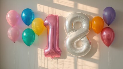 Colorful balloons, birthday number 18, celebration
