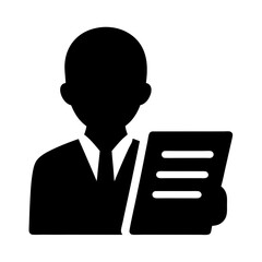 Silhouette of a man in a suit reading a document or report