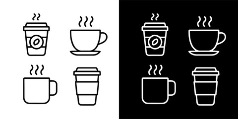 vector icon set showcases various drink icons, including coffee, tea, and other beverages in mugs and glasses, perfect for cafe or restaurant design