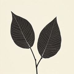 Obraz premium Two Leaves on a Stem: Minimalist Botanical Art with Contrasting Colors and Clean Lines for Home Decor