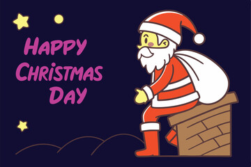 Vintage Christmas Postcard with Classic Santa and Handwritten 'Happy Christmas Day' on Blue Background