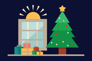 Ultra-Realistic Cozy Christmas Morning with Tree, Gifts & Sunlight – Warm Holiday Scene on Blue Background