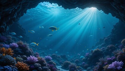Naklejka premium Mystical underwater cave with sun rays and fish in deep blue hues