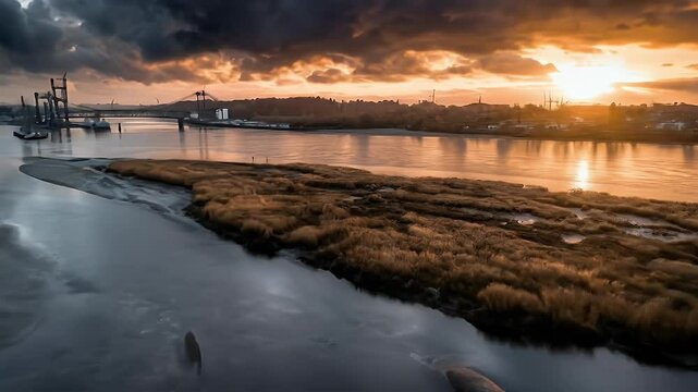Sunrise over waterway marsh landscape