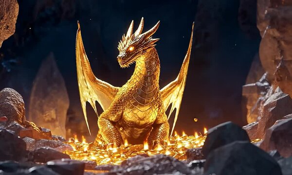 Majestic golden dragon perched atop a treasure hoard in a dark cavern, glowing with magic