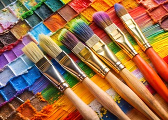 Closeup of Colorful Paintbrushes with Paint on a Dark Surface