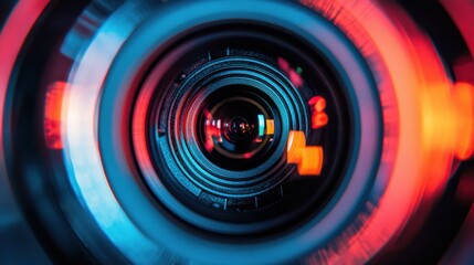 Dynamic TV studio interview captured through a professional video camera lens