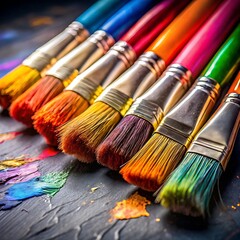 Closeup of Colorful Paintbrushes with Paint on a Dark Surface