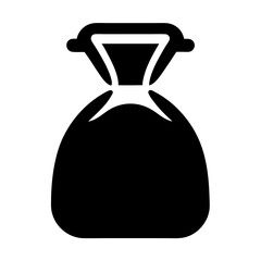 Stylized black icon depicting a tied sack or bag with cinched neck