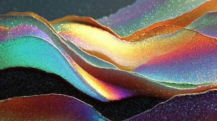 Abstract background with glittered texture and radial foil neon light. Holographic chrome gradient waves in vibrant colors. Dynamic iridescent flowing curves, modern technology, digital design.