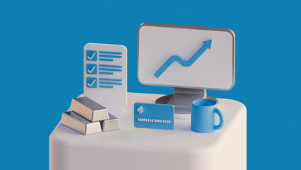 Obraz premium 3d illustration with business concept. financial growth, fulfillment business tasks, savings in non-ferrous metals, universal bank card. investment infographics in isometric minimalist style, 4K