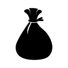A simple black sack with a tied top on a white background