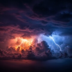 Fiery Orange And Blue Lightning Storm Clouds At Night