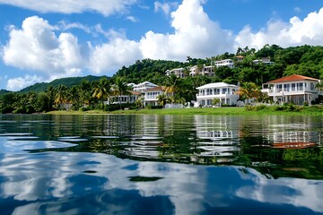 Obraz premium Idyllic Caribbean View Waterfront Homes on Lush Hillside with Cloud Reflections