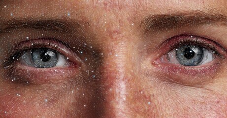 A woman's face is portrayed with a striking combination of human and robotic elements, highlighting advanced futuristic technology