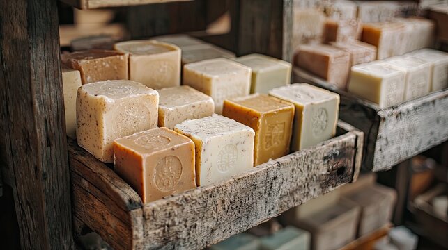 Display of various handcrafted soaps in wooden crates.