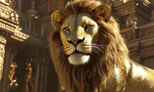 Majestic golden lion in an ornate temple setting, showcasing regal beauty and strength