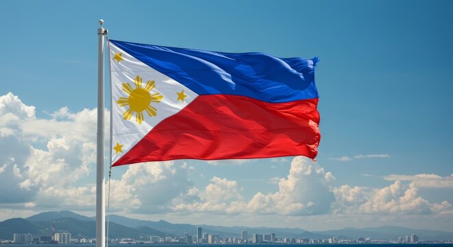 Philippine flag waving proudly in the breeze against a scenic skyline