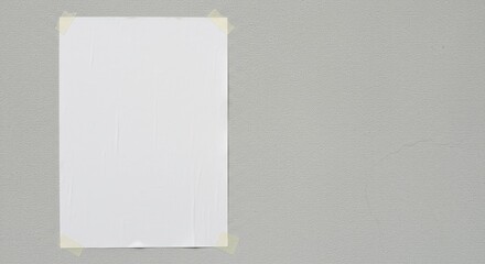 White Paper Poster Mockup - Blank white paper poster taped to a gray wall, ideal for showcasing designs, presentations, or announcements. Clean, simple, and versatile. Empty space for text