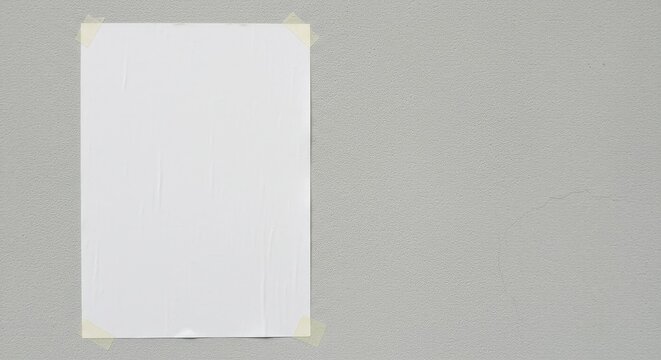 White Paper Poster Mockup - Blank white paper poster taped to a gray wall, ideal for showcasing designs, presentations, or announcements. Clean, simple, and versatile. Empty space for text