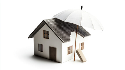 Miniature house protected by white umbrella