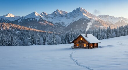 Fototapeta premium Winter Cabin Mountain Escape - Secluded wooden cabin nestled in a snowy mountain valley, symbolizing peace, tranquility, winter wonderland, escape, and cozy comfort