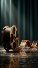 Classic film reel on a polished surface with dramatic lighting creating an artistic ambiance and nostalgic atmosphere