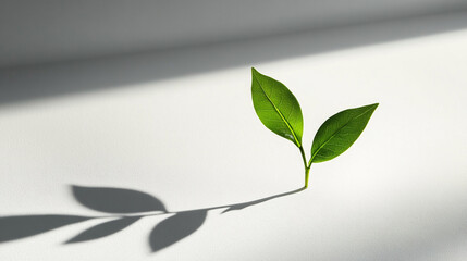 Fototapeta premium Two green leaves sprout in soft light cast.