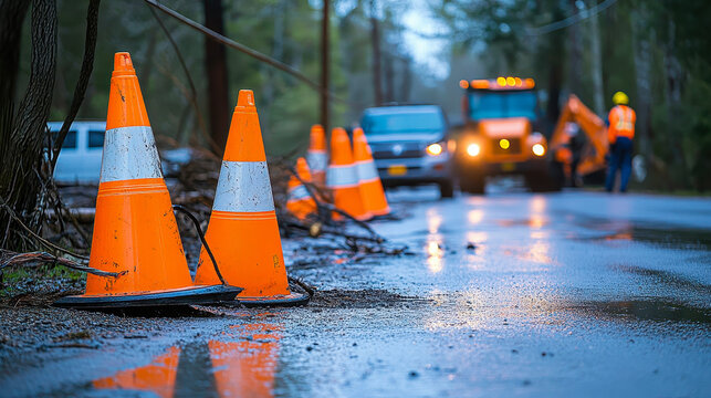 High Viz Road Cones Alerting Traffic of Fallen Power Lines During Storm Recovery