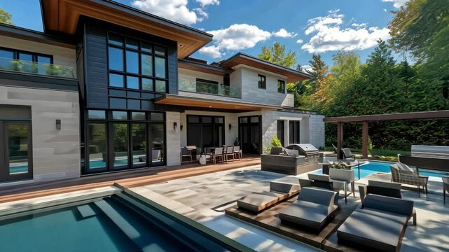 modern luxury home exterior design with pool, patio, and outdoor kitchen under cloudy sky