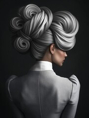 woman view from back in grey elegant jacket and grey hair styled in large, spiral curls reminiscent of the 1960s and 1970s hairstyle fashion. Dramatic avant garde look