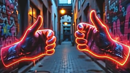 iconic thumbs up in a neon graffiti style, splashes of color and texture, urban alleyway backdrop with street art elements, glowing against dark brick walls - Powered by Adobe