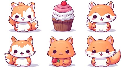 Cute and Playful Fox Cartoon with Delicious Desserts Design Vector Illustration